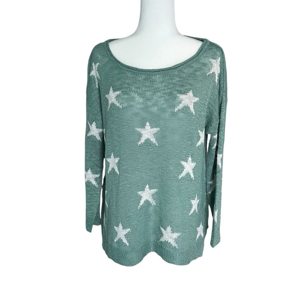 Pink Lily Light Green White Stars Oversized Knit Sweater Size S